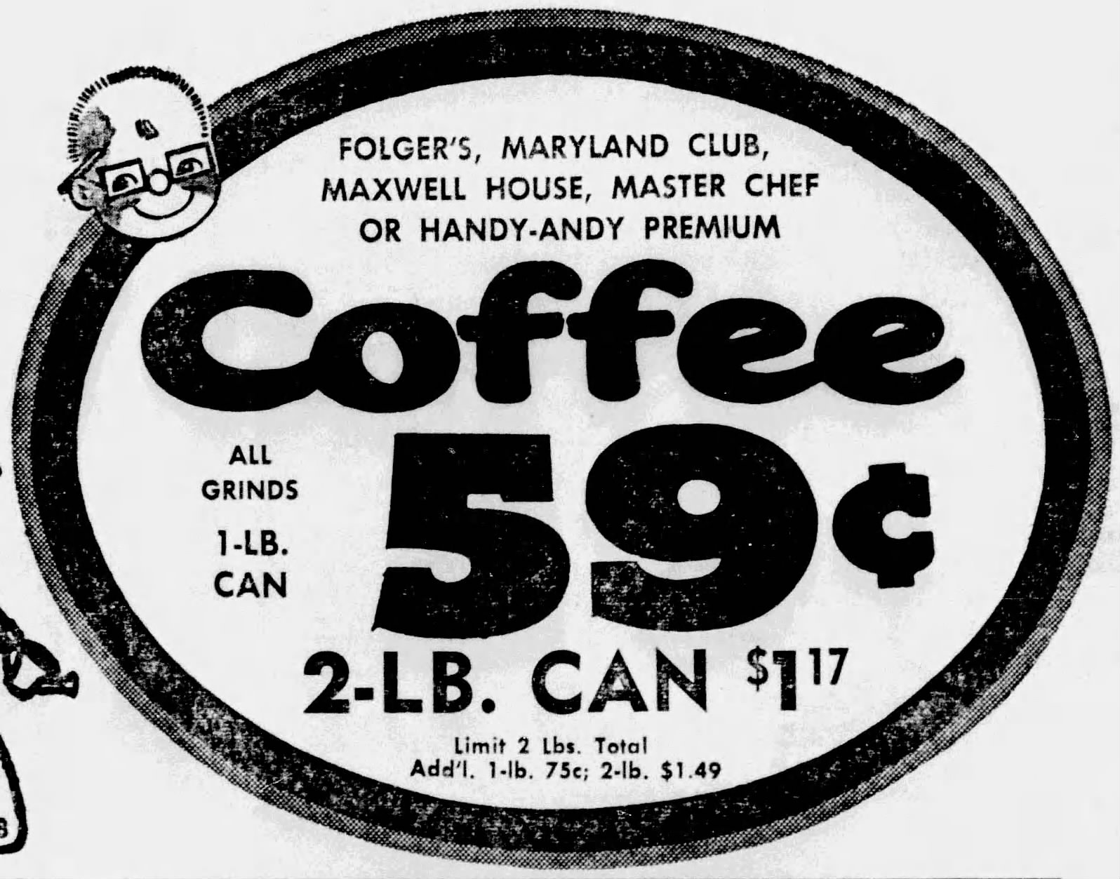 San Antonio Express-News, 25 Mar 1968, p. 9 — Handy-Andy Coffee 59c oval ad Handy-Andy "Coffee 59¢" black-outlined oval grocer ad bundling Master Chef with Folger's, Maryland Club, Maxwell House, and Handy-Andy Premium — bespectacled chef mascot peeking over the oval — San Antonio Express-News, 25 March 1968, p. 9