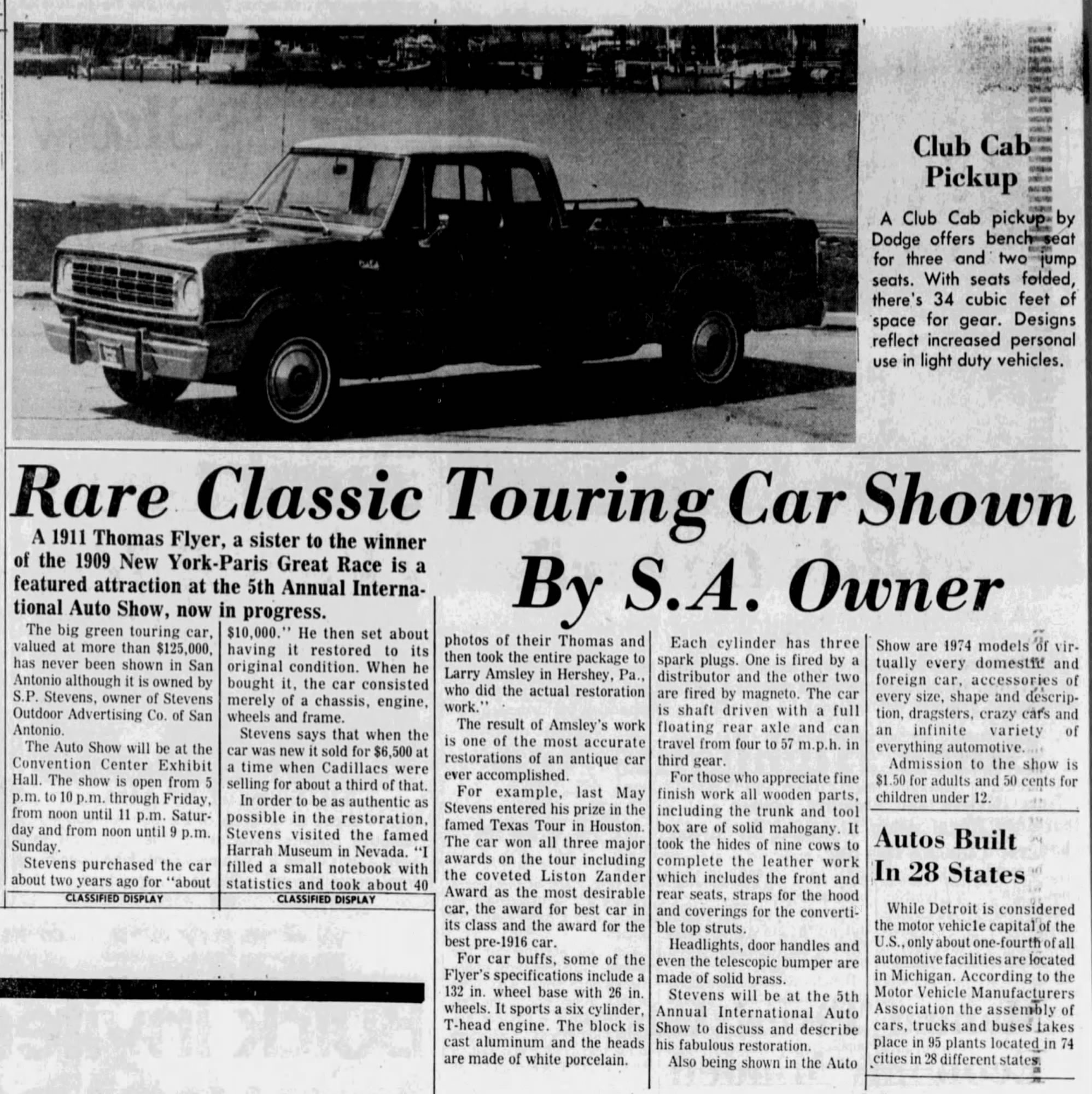 San Antonio Express-News, 7 March 1974 — S. P. Stevens, Stevens Outdoor Advertising, Thomas Flyer *San Antonio Express-News*, 7 March 1974, p. 72 — "Rare Classic Touring Car Shown By S.A. Owner" — feature article on S. P. Stevens of Stevens Outdoor Advertising Company of San Antonio and his restored 1911 Thomas Flyer touring car, at the 5th Annual International Auto Show, San Antonio Convention Center.
