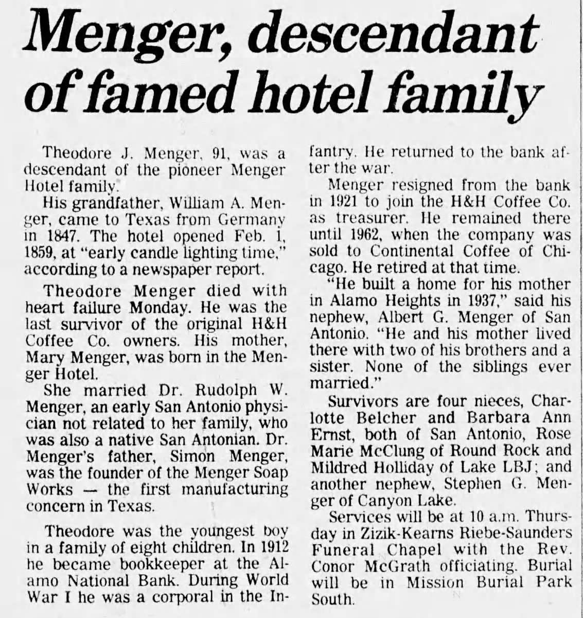 San Antonio Express-News — "Menger, descendant of famed hotel family," p. 35, 2 April 1987 feature on Theodore J. Menger