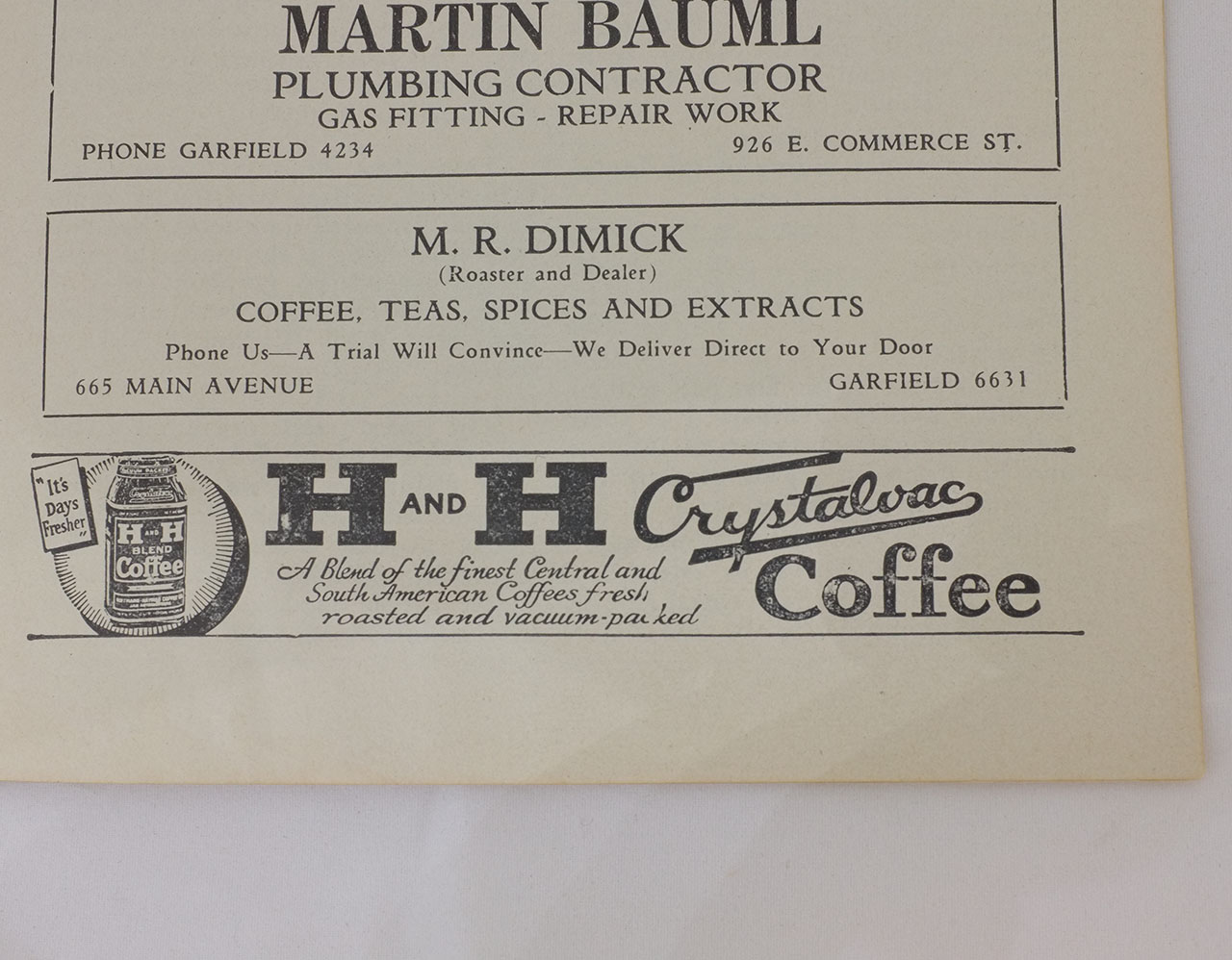 Inside spread with H and H Crystalvac Coffee ad, Blend jar, Central and South American copy, 1930s local advertisers