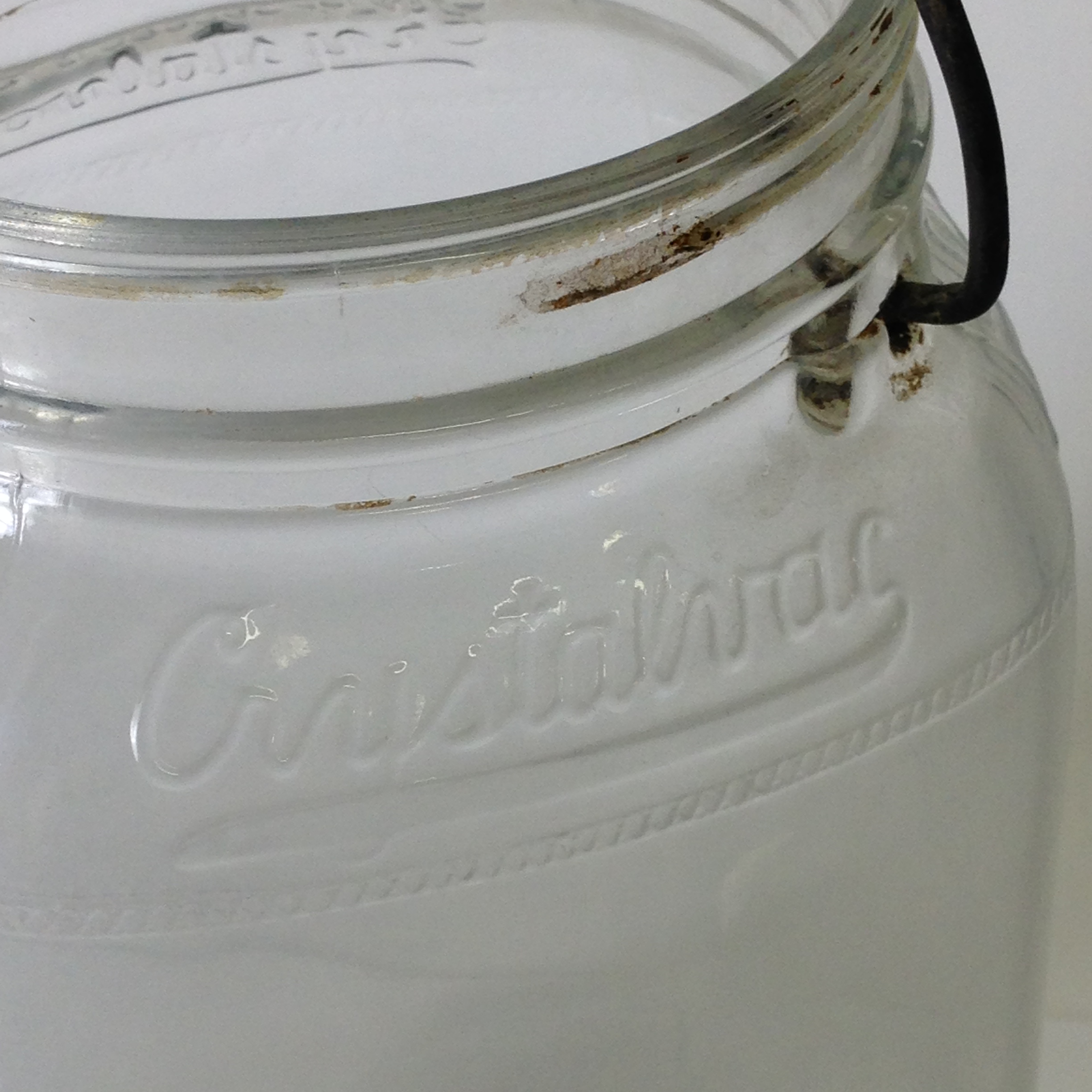 Large clear H and H Crystalvac jar, wire bail, shoulder emboss, Georgetown Texas find, lid missing