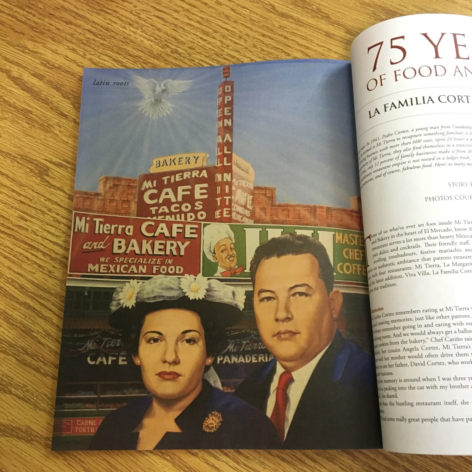 Edible San Antonio Aug/Sep 2016 — La Familia Cortez 75 Years spread with Master Chef Coffee sign Edible San Antonio August/September 2016, Issue No. 18, open on a wooden desk to the La Familia Cortez "75 Years of Food and Family" spread, with the Master Chef Coffee mascot visible on the wall behind the Mi Tierra Cafe and Bakery storefront.