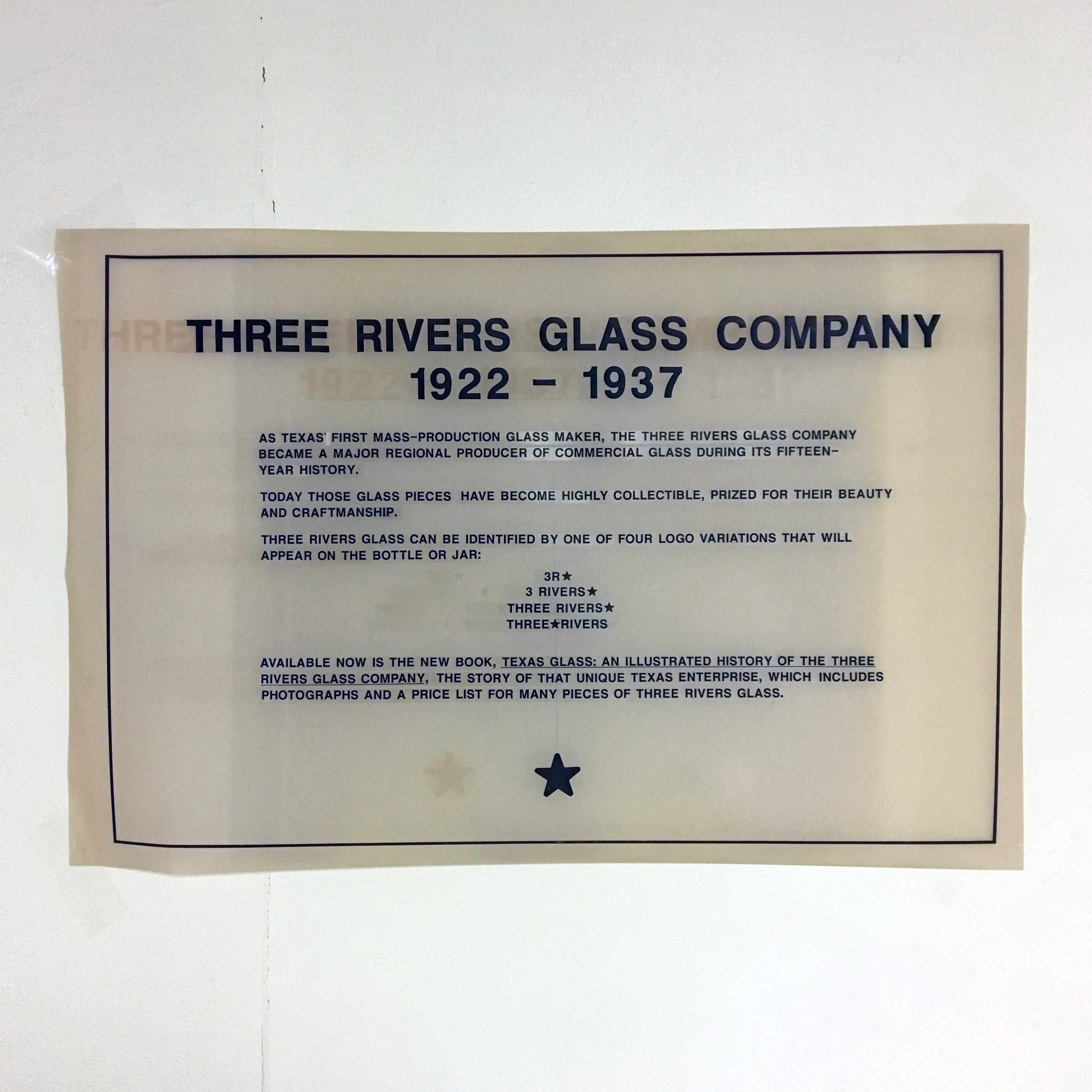 Printed summary: Three Rivers Glass Company (1922 – 1937)