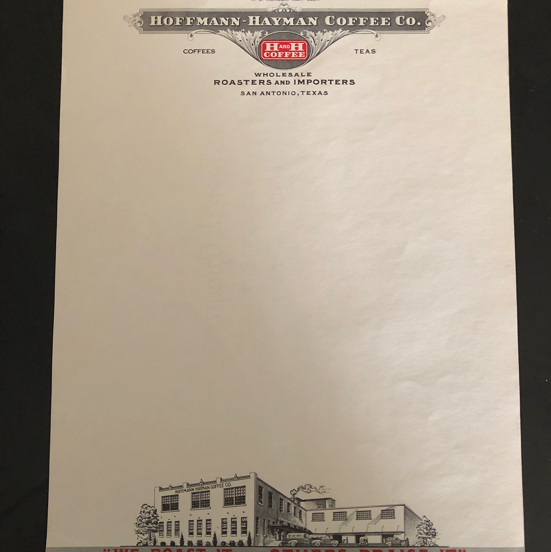 Hoffmann-Hayman Coffee Co. letterheads with factory illustration and officers listed (G. P. Menger President, R. W. Menger Secretary, T. J. Menger Treasurer).