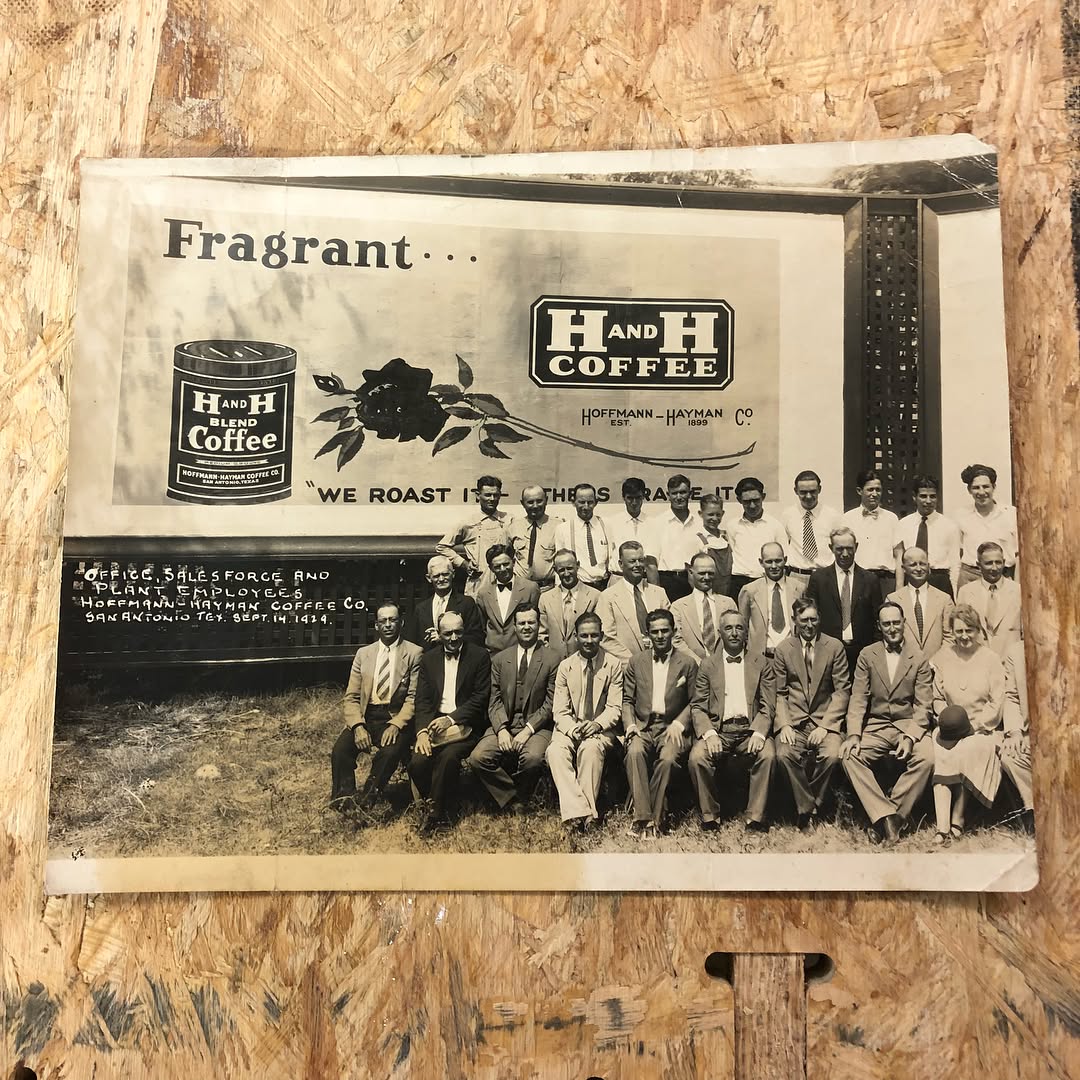 Office, Salesforce, and Plant Employees — Hoffmann-Hayman Coffee Co., San Antonio, Texas, Sept 14, 1934. Group photo by Jas. W. Zintgraff. Also shows "In Step with N.R.A." photo with H&H Buy Now signs.