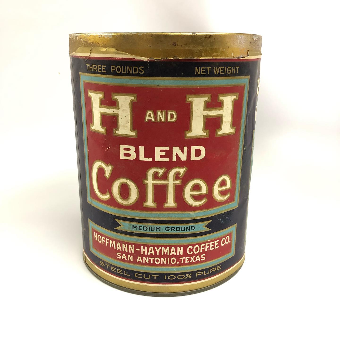 H and H Coffee 3 pound tin with paper label.
