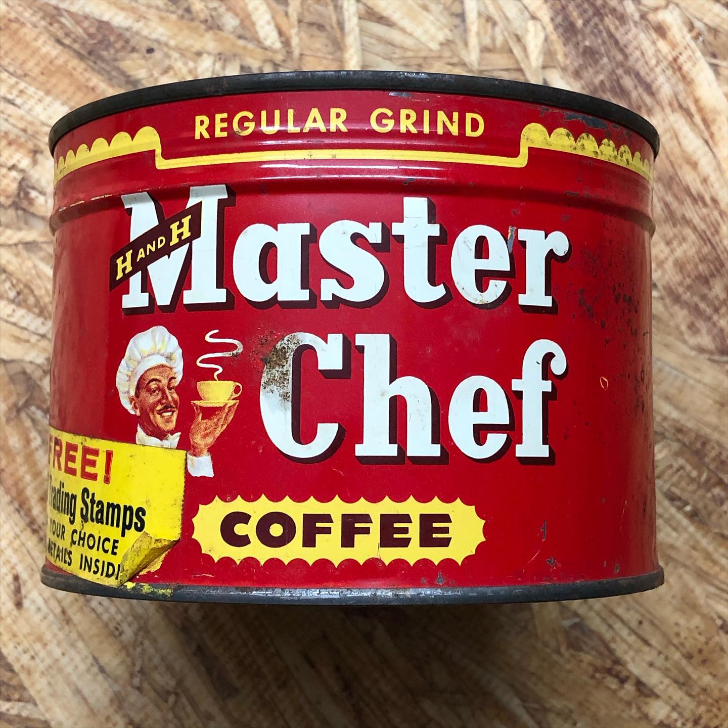 One-pound H&H Master Chef Regular Grind Coffee tin, red with yellow trim, chef illustration, FREE 250 Trading Stamps sticker on side. Key-wind top.