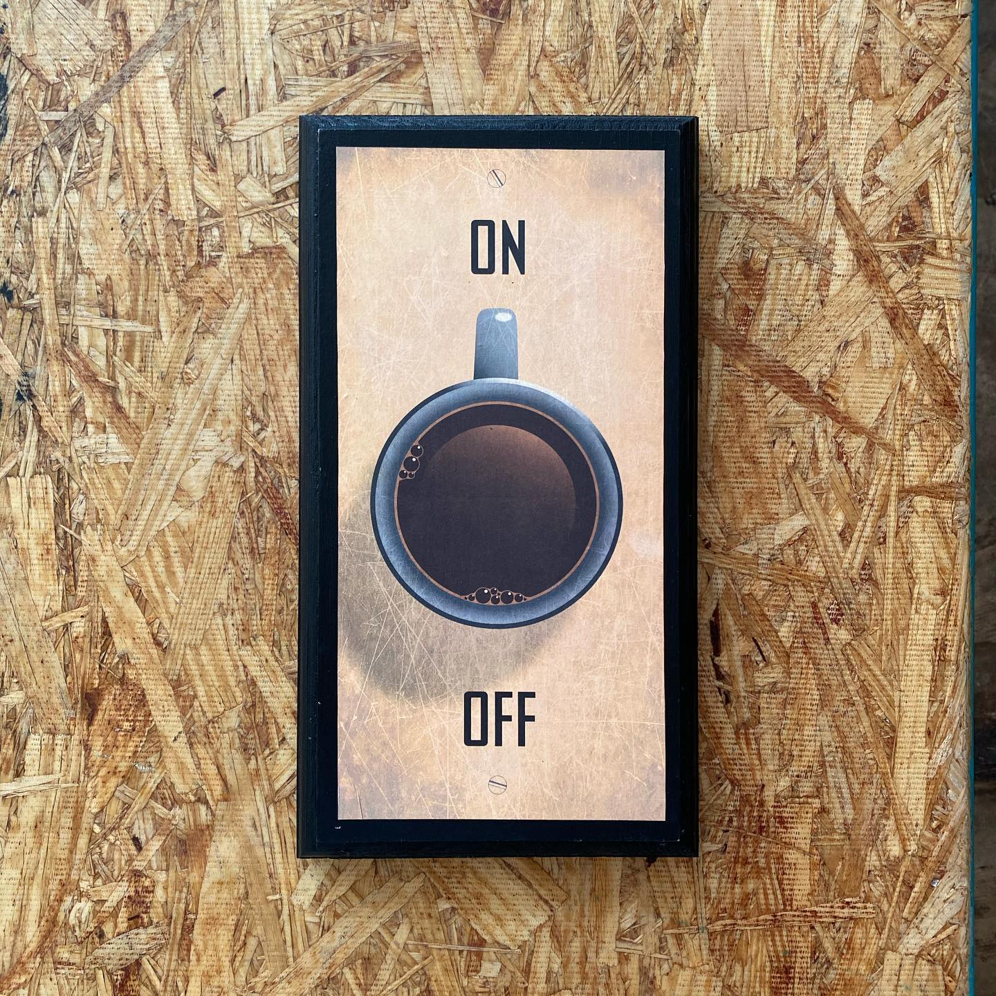 Coffee On Switch Art — a framed print of a coffee cup as a light switch between ON and OFF