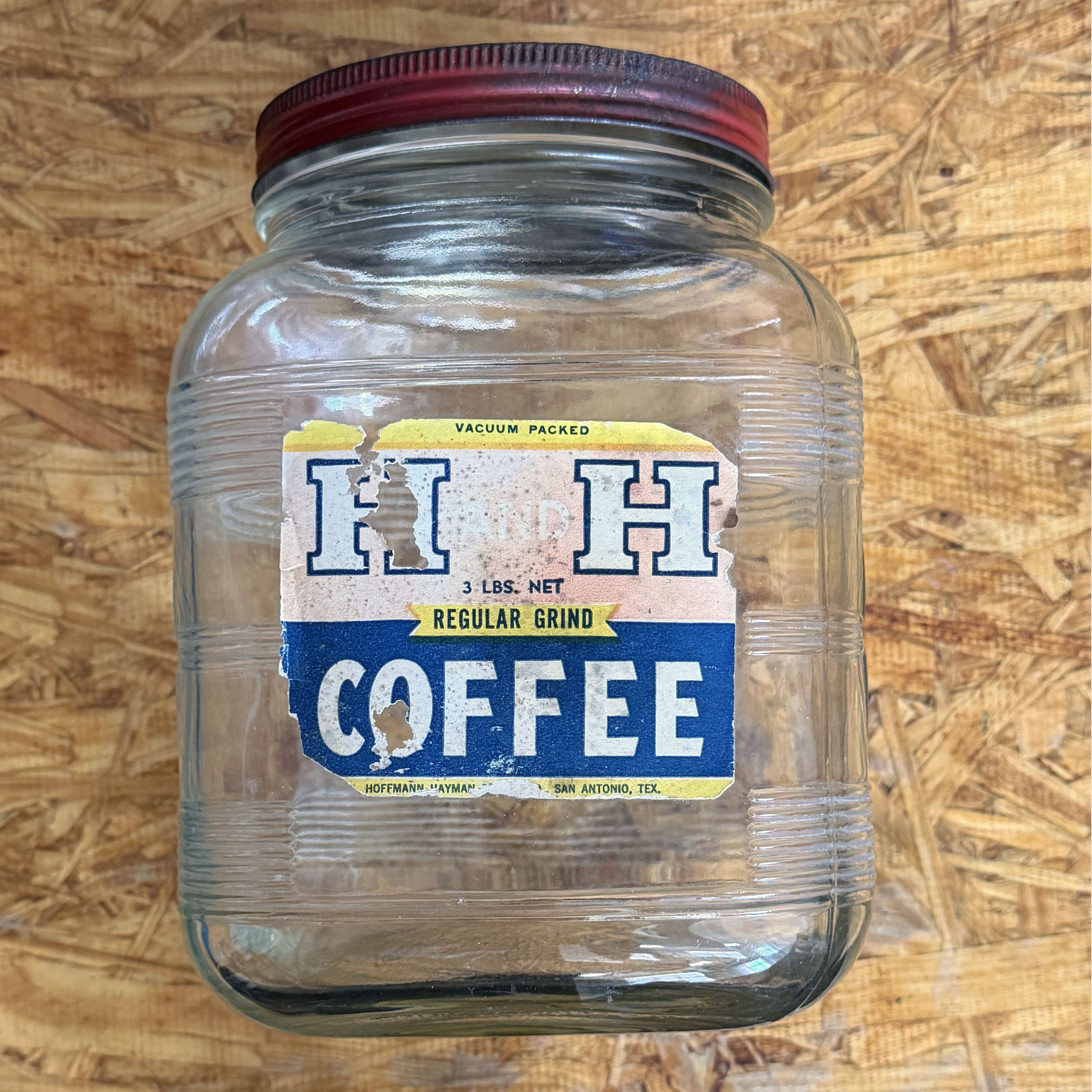 H and H Coffee Three-Pound Square Glass Jar — Regular Grind, Red Lid, Paper Label