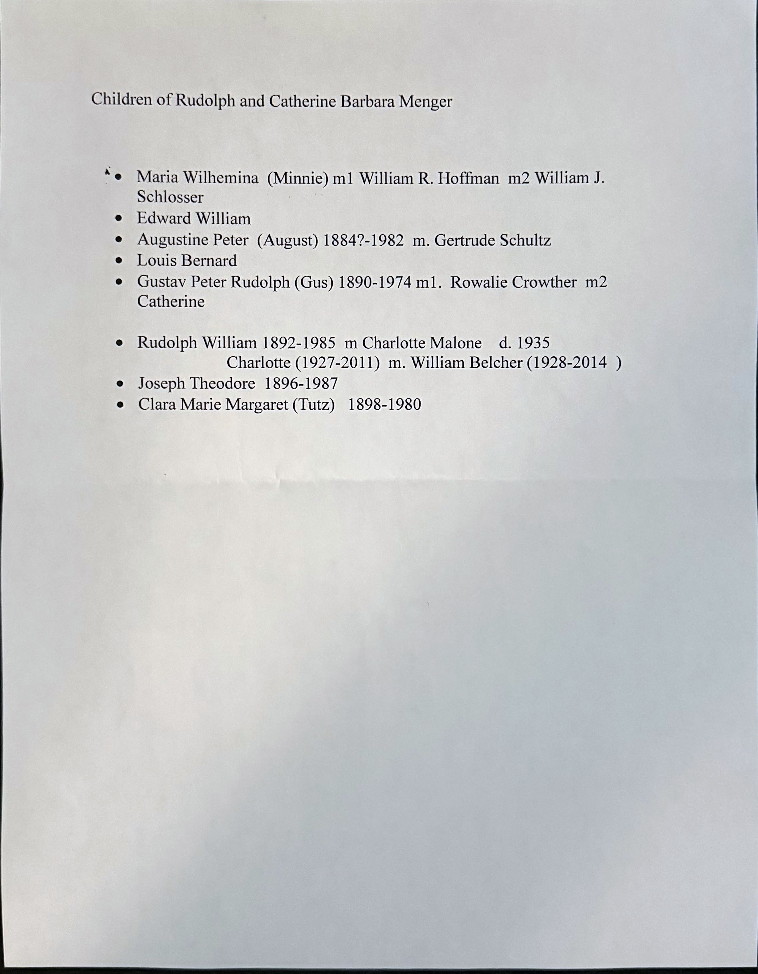 Menger family genealogy page — children of Rudolph and Catherine Barbara Menger, including Minnie who married William R. Hoffmann, photographed 2026-06-01