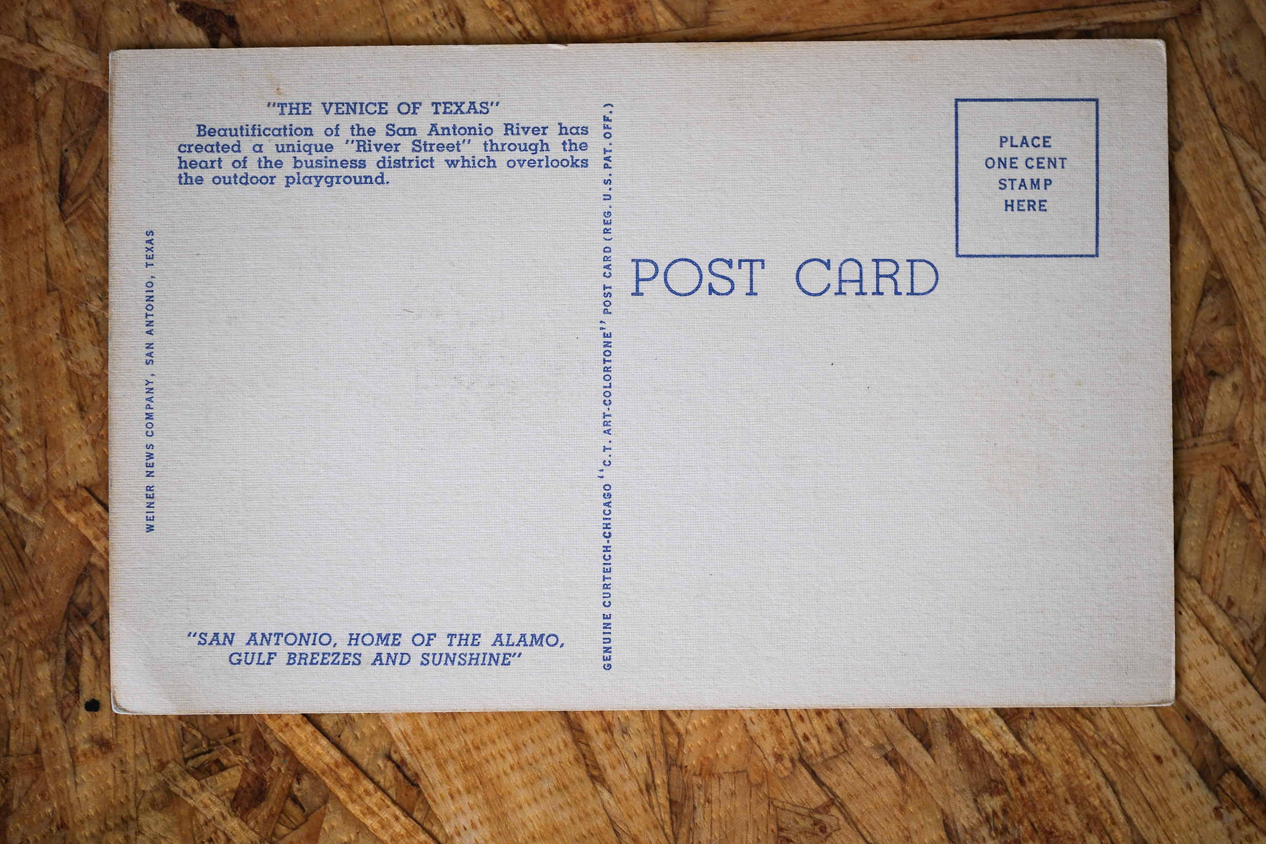 Reverse of the postcard: a blank, unused divided-back "POST CARD" side with the Weiner News Company imprint and the "Venice of Texas" descriptive caption, never mailed.