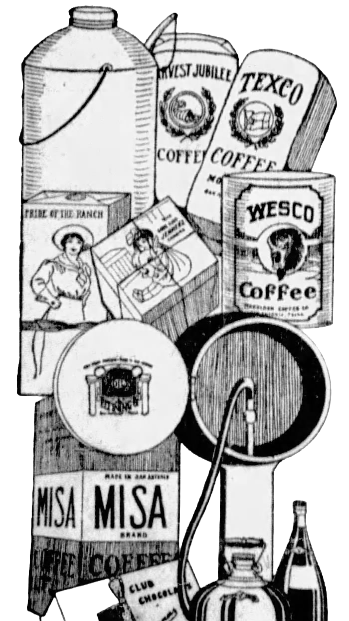 Tight crop on Morrison Coffee Co. multi-product display — Wesco tin, Texco coffee, Misa carton, Broncho, Juanita and Club Chocolate packaging, 13 Dec 1914 Express-News page 44