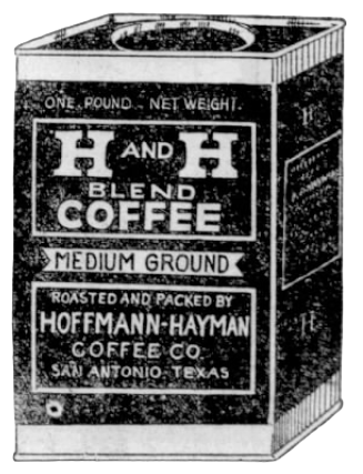 H and H Orange Pekoe Tea cylindrical tin; crop from New Orleans Can Co. co-op ad, 26 Aug 1923 *San Antonio Light*