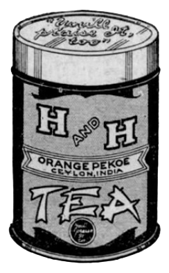 H and H Orange Pekoe Tea tin close-up crop from Packed in Tin co-op spread, San Antonio Light, 26 Aug 1923
