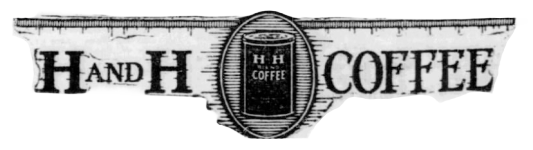 Tight crop on the H and H Coffee wing banner — slab-serif "H AND H" on the left wing, "COFFEE" on the right wing, with a central oval medallion framing a small "H H COFFEE" tin, 21 Jan 1925 Express-News