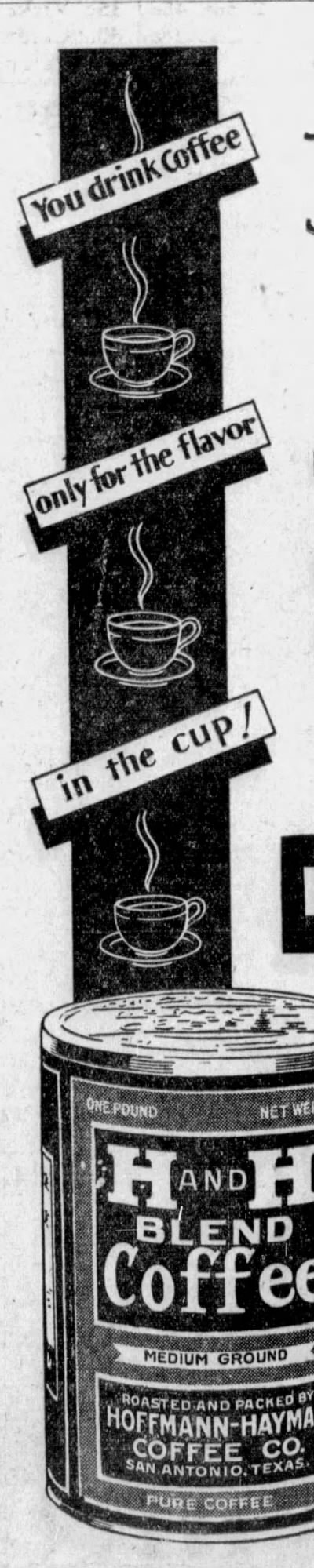 Vertical flavor banner — “You drink coffee only for the flavor in the cup,” cup icons, 8 Jan 1932 San Antonio Light