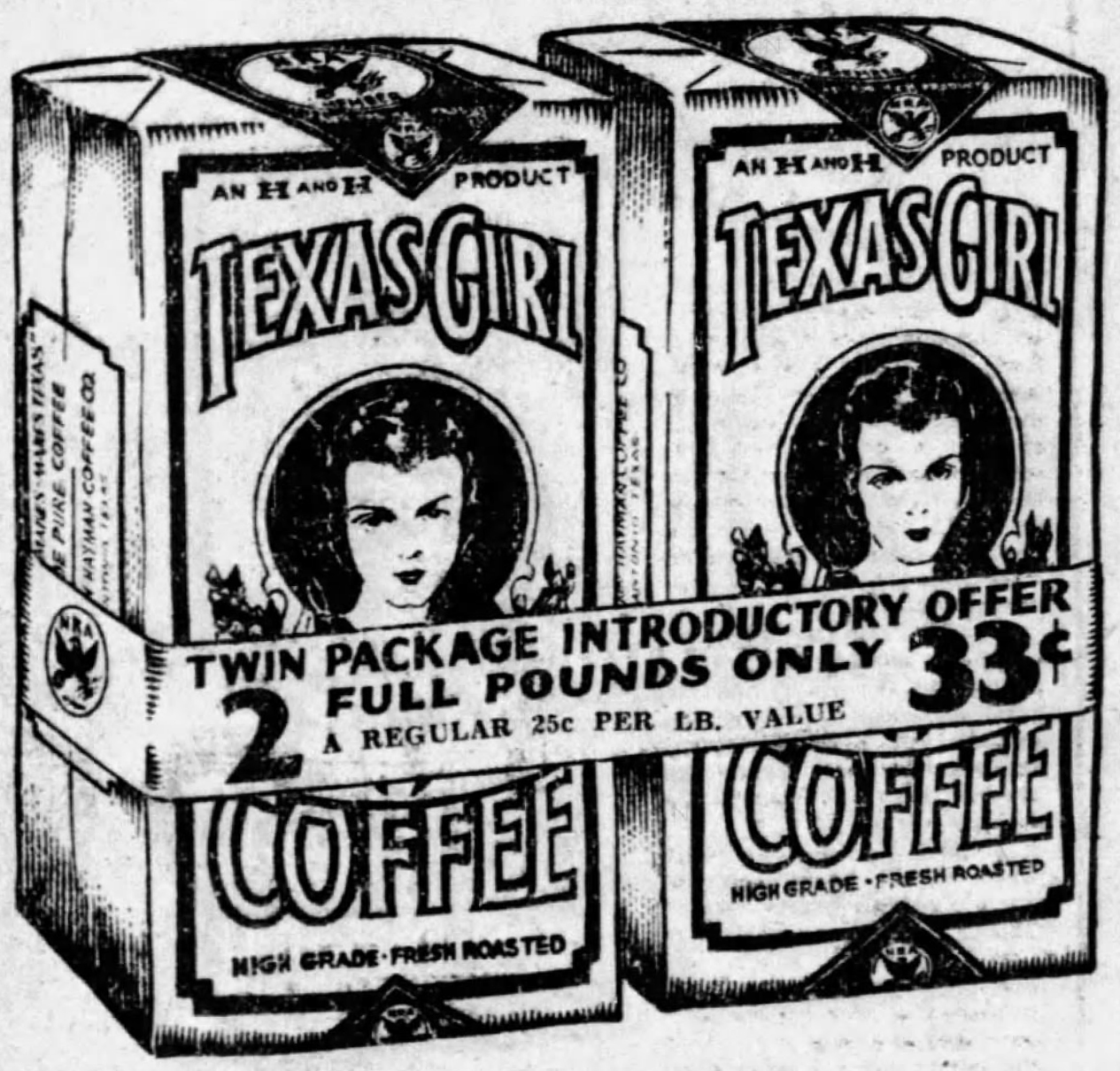Texas Girl twin one-pound bags with TWIN PACKAGE introductory band; crop from 26 Oct 1933 *San Antonio Express-News* display