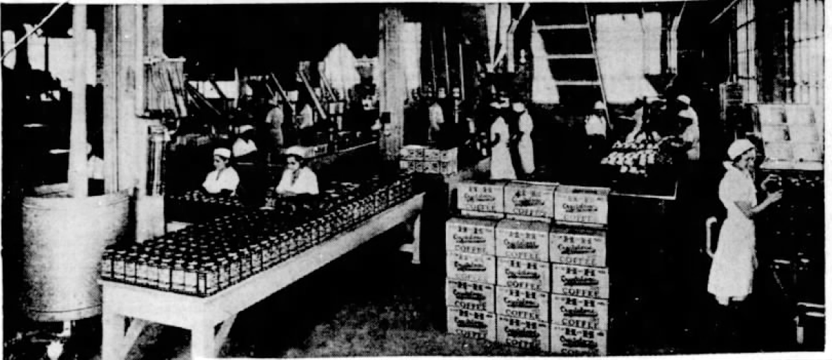 Interior factory photograph showing H and H workers at a packing line with conveyor of upright jars and stacked filled cases, The News, 18 May 1935