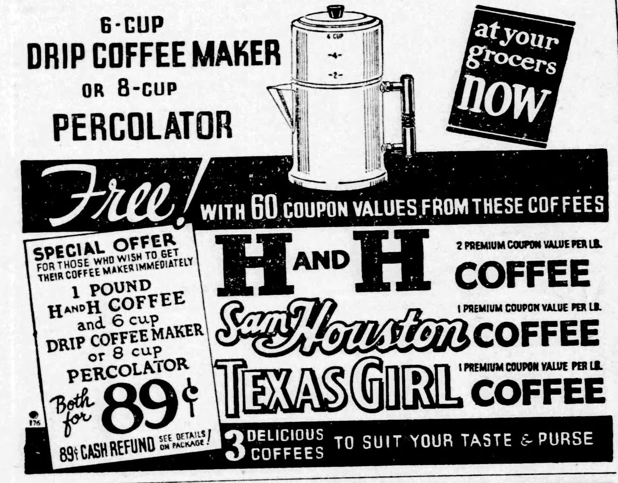 Three-brand coupon premium ad crop — drip coffee maker / percolator offer with H and H, Sam Houston, and Texas Girl Coffee display type, The News, 23 Jan 1937