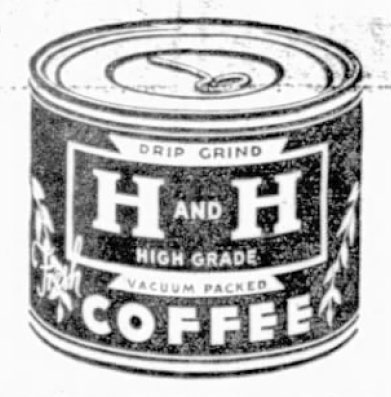 Frontal can illustration crop — H AND H Drip Grind High Grade Vacuum Packed Coffee, The News, 12 Nov 1937