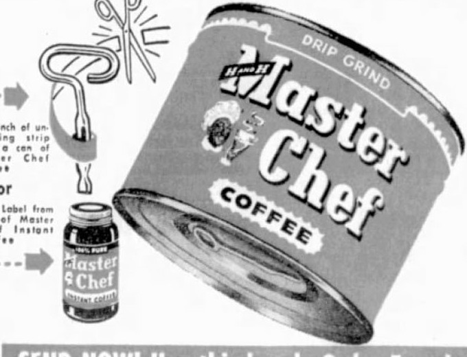 H and H Master Chef Drip Grind tin and Master Chef Instant Coffee jar, San Antonio Light, 25 Feb 1958