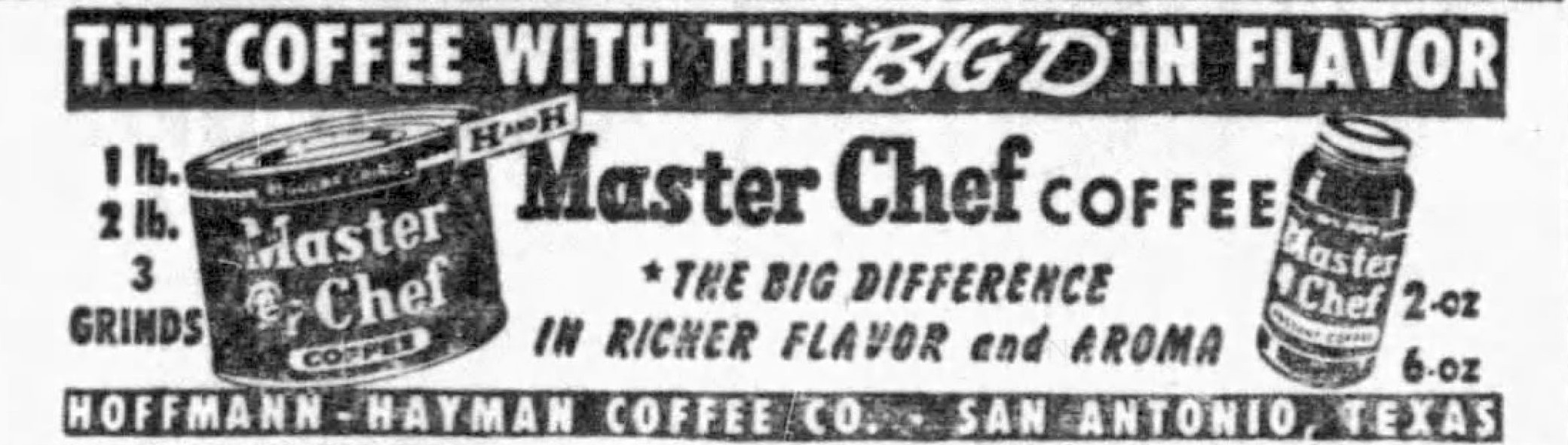 Master Chef Coffee 'Big D in Flavor' banner ad with tin and instant jar, San Antonio Express-News, 31 Mar 1958