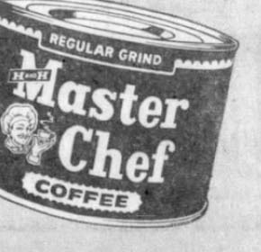 H and H Master Chef Coffee REGULAR GRIND tin used as Wolff & Marx free-premium artwork, San Antonio Express-News, 9 Nov 1961