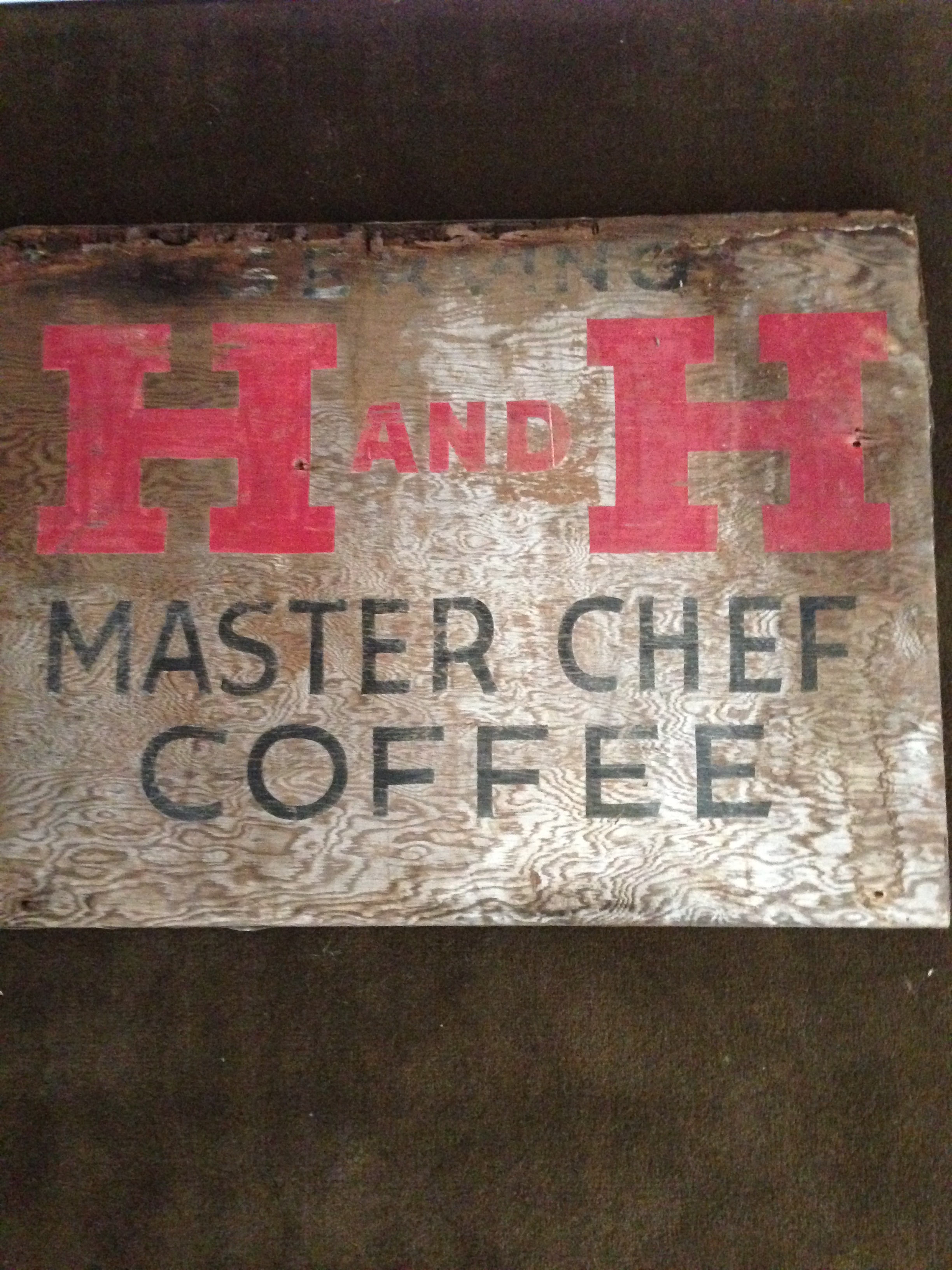 Printed Master Chef plywood laid flat — SERVING, red H AND H, MASTER CHEF, COFFEE reading correctly, corners and nail holes visible