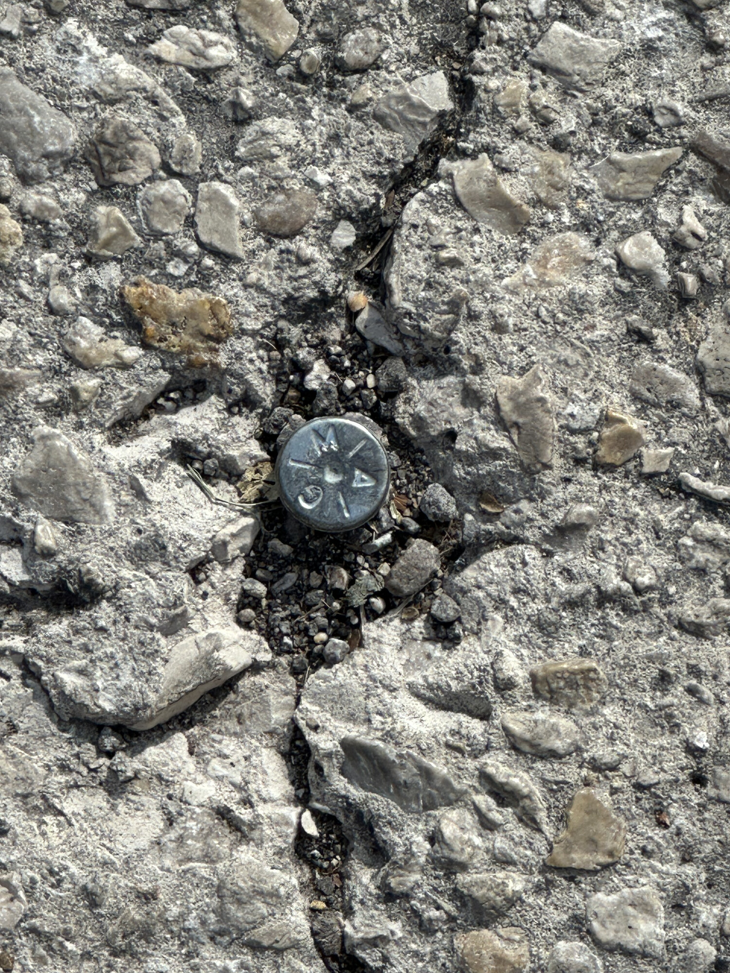 Close-up looking straight down at a small zinc / galvanized-steel surveyor's pavement marker driven into the asphalt-and-aggregate pavement of Delaware Street directly in front of the entry gate to the 1932 Hoffmann-Hayman Coffee Co. factory in San Antonio, photographed on 23 December 2024 — a domed disk roughly the size of a US quarter sitting in a small crater of broken-out concrete and loose gray gravel, with a long vertical pavement crack running up through the marker's setting and continuing through the surrounding aggregate; the cap face carries short radial tick marks emanating from a central center-punch dimple and three legible stamped letters reading 'M' near the top, an 'A' rendered as a triangular form on the right, and a 'G' (a curled half-circle character) at the lower-left — read together as 'G — M — A', a surveyor's initials, firm code, or agency stamp whose specific attribution is not yet identified.