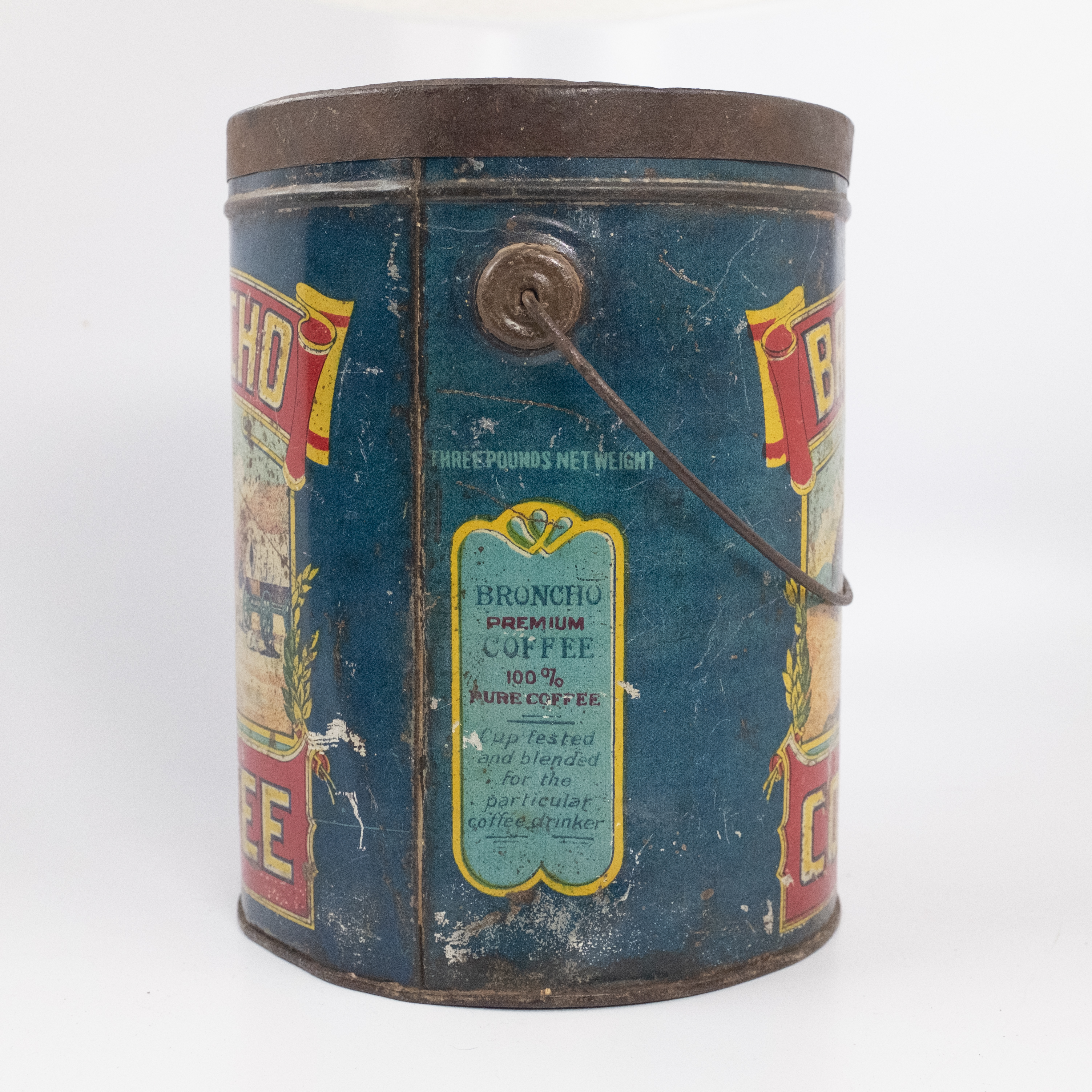 Broncho Coffee three-pound tin, left side