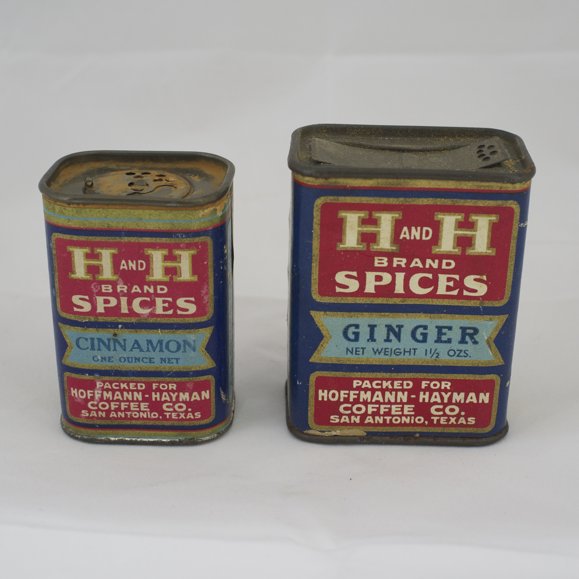 H and H Brand Spices: one-ounce cinnamon and 1½-ounce ginger rectangular tins, Hoffmann–Hayman San Antonio packed-for lines