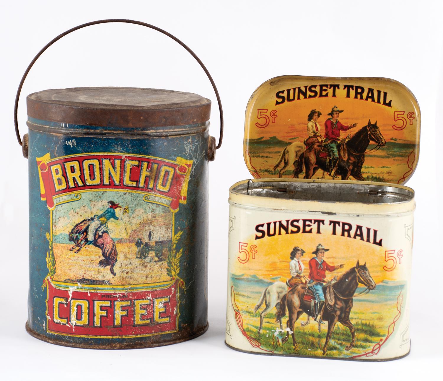 Catalog photo for auction lot 358 — Broncho Coffee tin and Sunset Trail cigars tin.