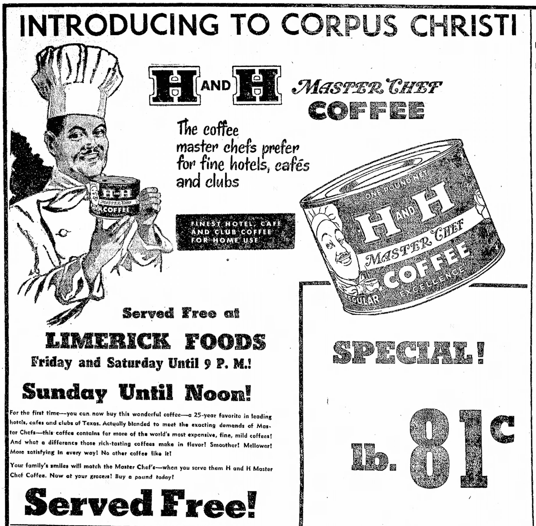 Corpus Christi Caller-Times, Fri Feb 1, 1952 — Master Chef tin advertisement