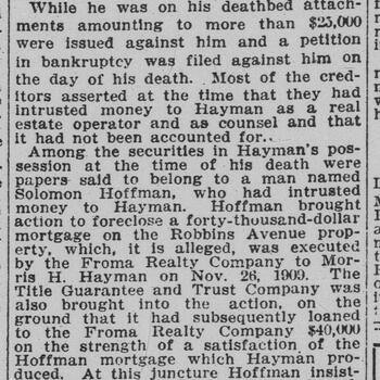 New York Times, 27 September 1911, page 22 — single-column legal news article headlined 'Morris H. Hayman Charged in Suit with Faking Satisfaction of a Mortgage,' dense body text, no illustration
