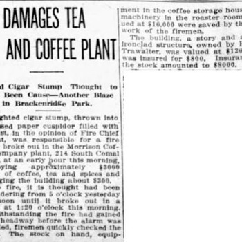 Newspapers.com PDF export of **San Antonio Light** (**Wednesday 13 August 1913**, page 12) — headline **Fire Damages Tea and Coffee Plant** covering fire damage at a San Antonio tea/coffee works (period reporting adjacent to Hoffmann-Hayman factory coverage). Reference documentation only — not an object in the project collection.