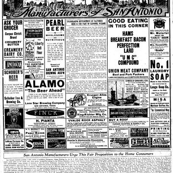 San Antonio Light, 17 October 1915, page 10 — full-page 'Manufacturers of San Antonio' advertising section with a small H and H Blend Coffee display ad and a Manufacturers' Club member roster naming Hoffman-Hayman Coffee Co.