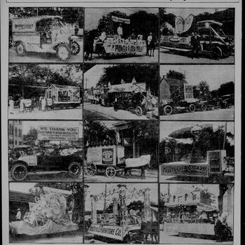 San Antonio Light, 28 April 1916, page 6 — twelve-photo spread of prize-winning Trades Display Parade floats, including a truck lettered 'H and H COFFEE'