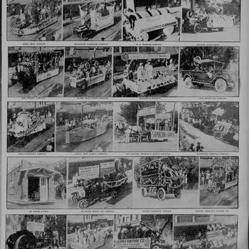 Full-page photo spread of decorated trade-parade floats and vehicles, San Antonio Light, 20 April 1917, with the Hoffman-Hayman Coffee Company delivery vehicle pictured in the bottom-right panel