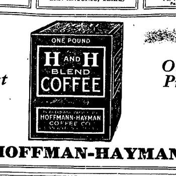 Display advertisement showing a boxed H and H Blend Coffee one-pound package flanked by the slogan text We Roast It and Others Praise It, San Antonio Express, 6 September 1920