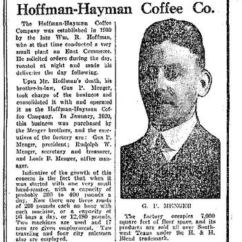 Newspaper company-history column headlined Hoffman-Hayman Coffee Co., with a portrait photograph of G. P. Menger, San Antonio Light, 15 May 1921