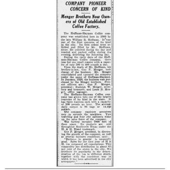Newspapers.com PDF export of **San Antonio Light** (**Sunday 14 August 1921**, page 41) — headline **Hoffmann-Hayman Company Pioneer Concern of Kind** profiling the Hoffmann-Hayman coffee business and its place among local manufacturers. Reference documentation only — not an object in the project collection.