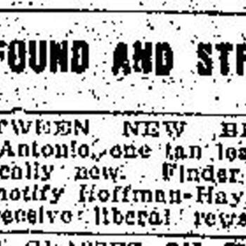 Classified notice under the heading Lost, Found and Strayed, reporting a lost tan leather handbag between New Braunfels and San Antonio, with Hoffman-Hayman Coffee Co. named as the return contact, San Antonio Light, 12 October 1921
