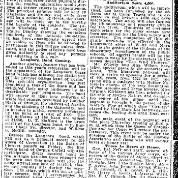 Newspaper article headlined Texas Heroes Will March in Initial Fiesta Parade, with a Some of Exhibitors list naming Hoffman Hayman Coffee Company among Trades Display parade participants, San Antonio Express, 16 April 1922