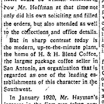 Newspaper article headlined Coffee Company Growth Immense, subheaded Hoffman-Hayman Company One of Leading Establishments of Southwest, San Antonio Evening News, 27 September 1922