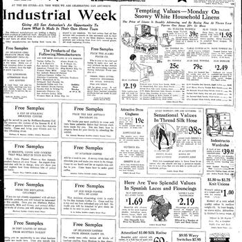 Full-page Joske Bros. Co. department store advertisement for Industrial Week, San Antonio Light, 29 October 1922, including a Free Samples box for Hoffman-Hayman Coffee and a manufacturers directory listing Hoffman-Hayman Coffee Co. and Tucker Coffee Co.