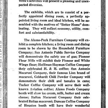 Newspaper notice for the Express and Evening News Cooking School and Better Homes Week, listing exhibitors including Hoffman-Hayman Coffee Company