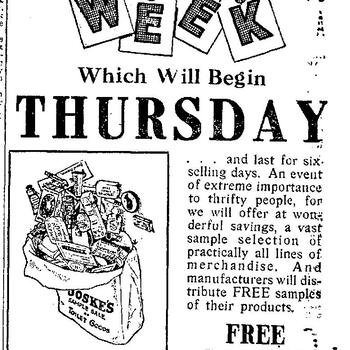 Joske Bros. Co. advertisement announcing Sample Week beginning Thursday, with a list of firms distributing free samples including Hoffman-Hayman Coffee Co.