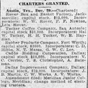 Light, 29 Dec 1923 — Tucker Coffee Company charter; W. E. Hayman incorporator