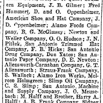 Newspaper column continuing a list of San Antonio firms and their representatives, including Hoffman-Hayman Coffee Company represented by G. P. Menger