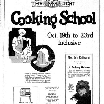 Full newspaper page announcing The San Antonio Light Cooking School, October 19th to 23rd inclusive, with a list of San Antonio dealers supplying kitchen equipment and foodstuffs including Hoffman-Hayman Coffee Co.
